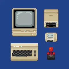 Pixel art of a Commodore 64, 1541 disk drive, datasette, monitor, and joystick